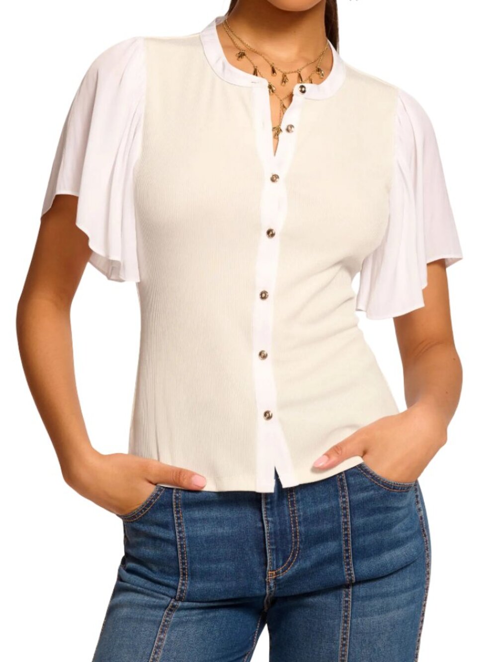 Ramy Brook Colette Mixed Media Flutter Sleeve Top